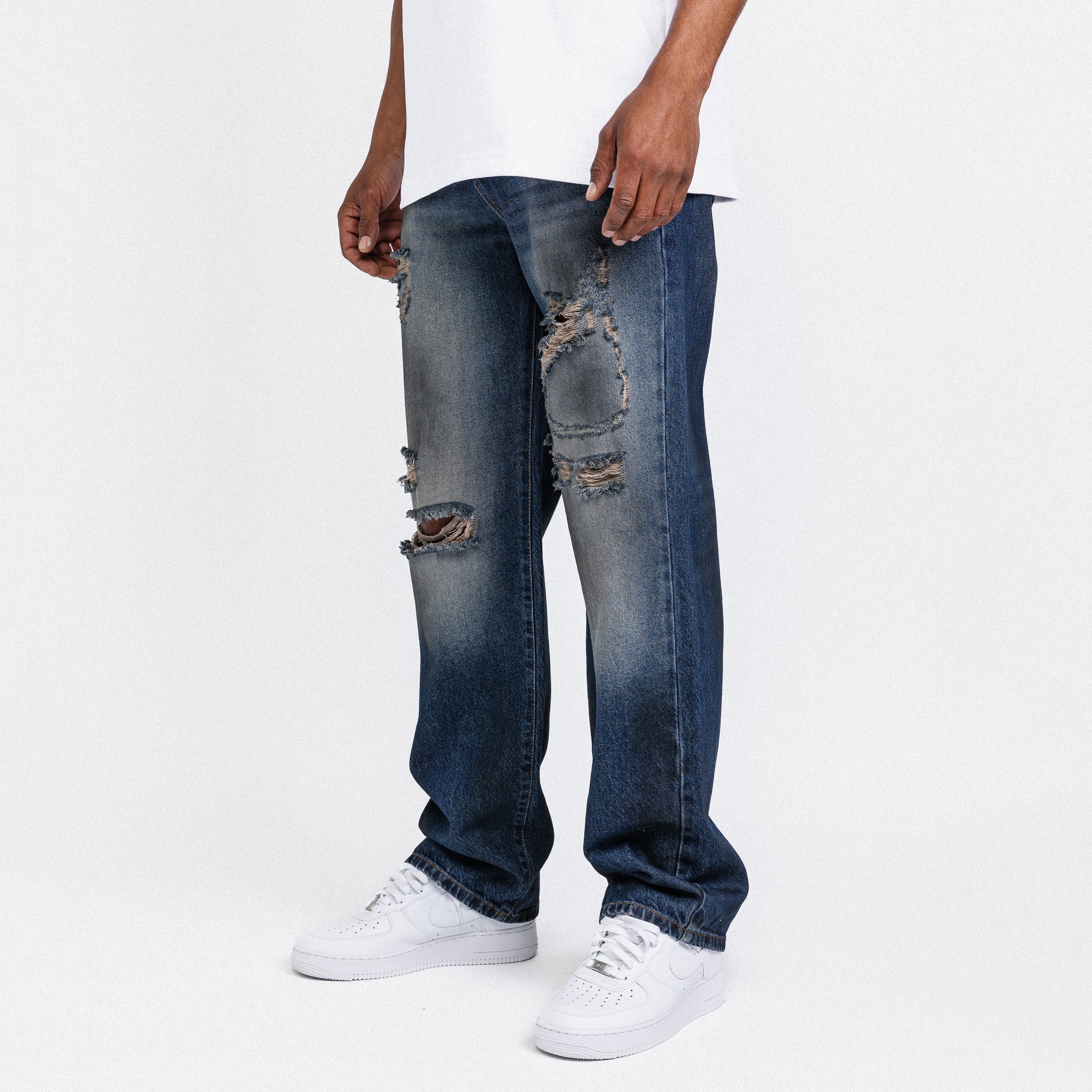 Dark blue destroyed straight leg jeans