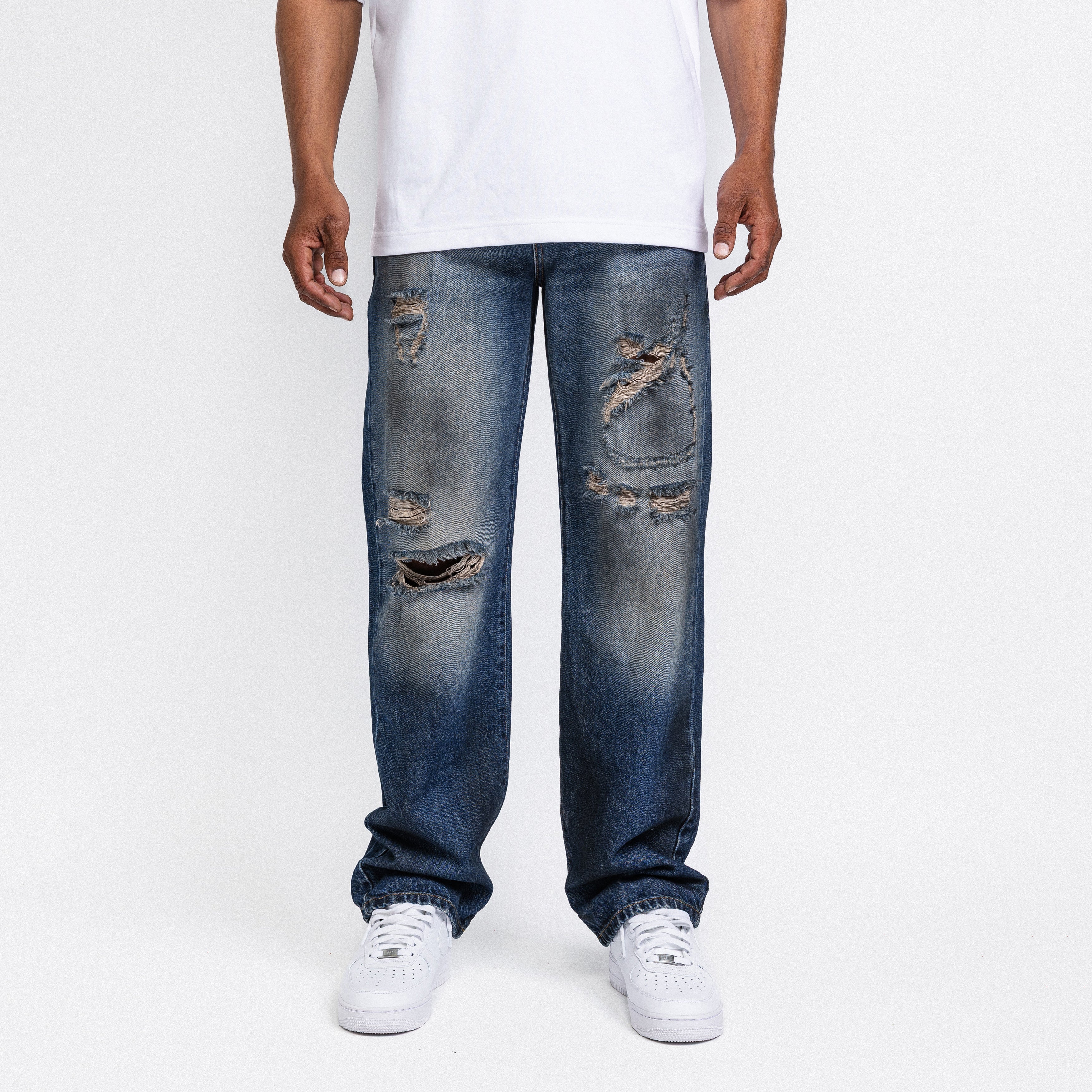 Dark blue destroyed straight leg jeans